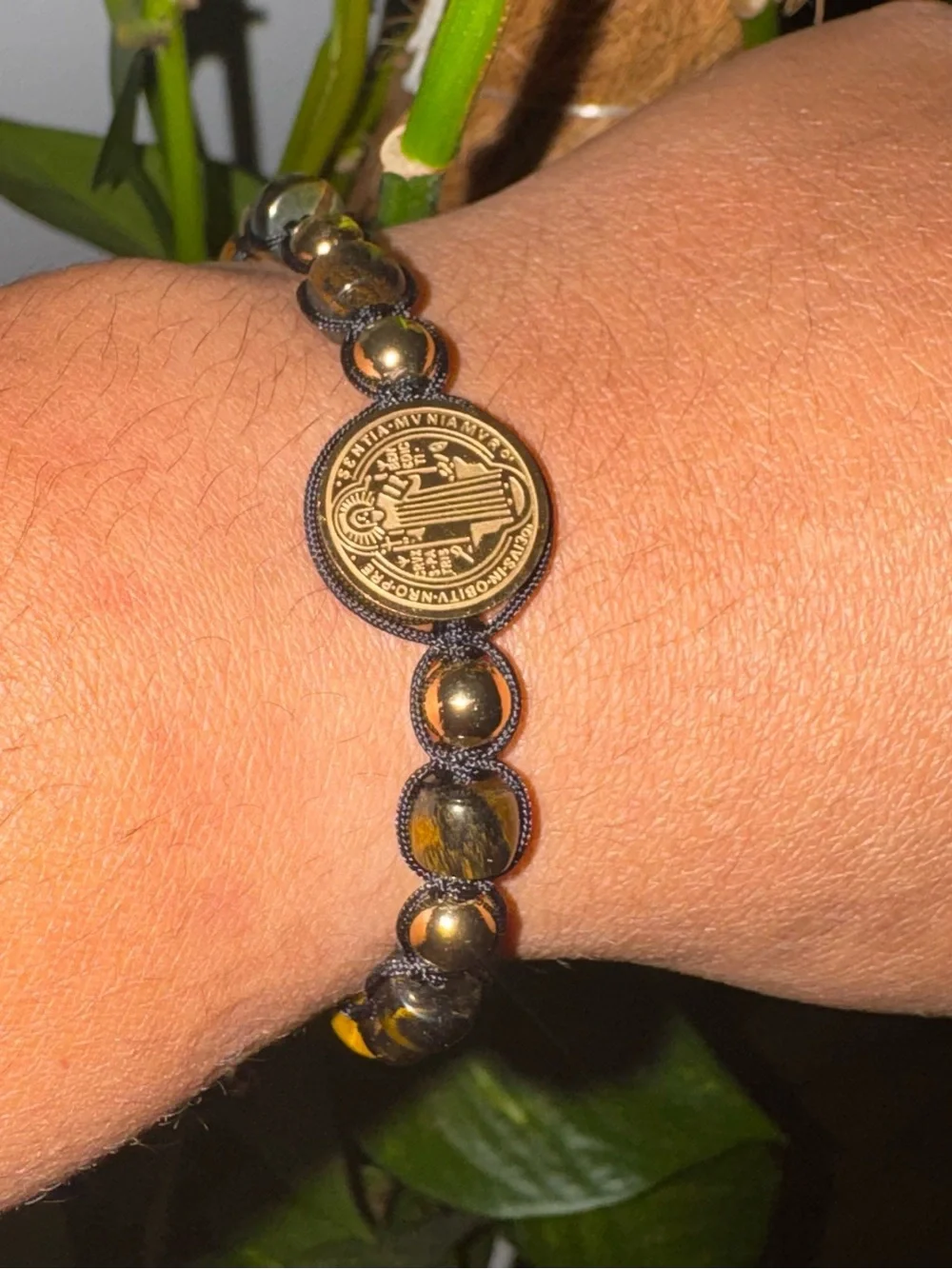 Tiger’s Eye, 14K gold-plated beads, and a Saint Benedict Stainless Steel Medal